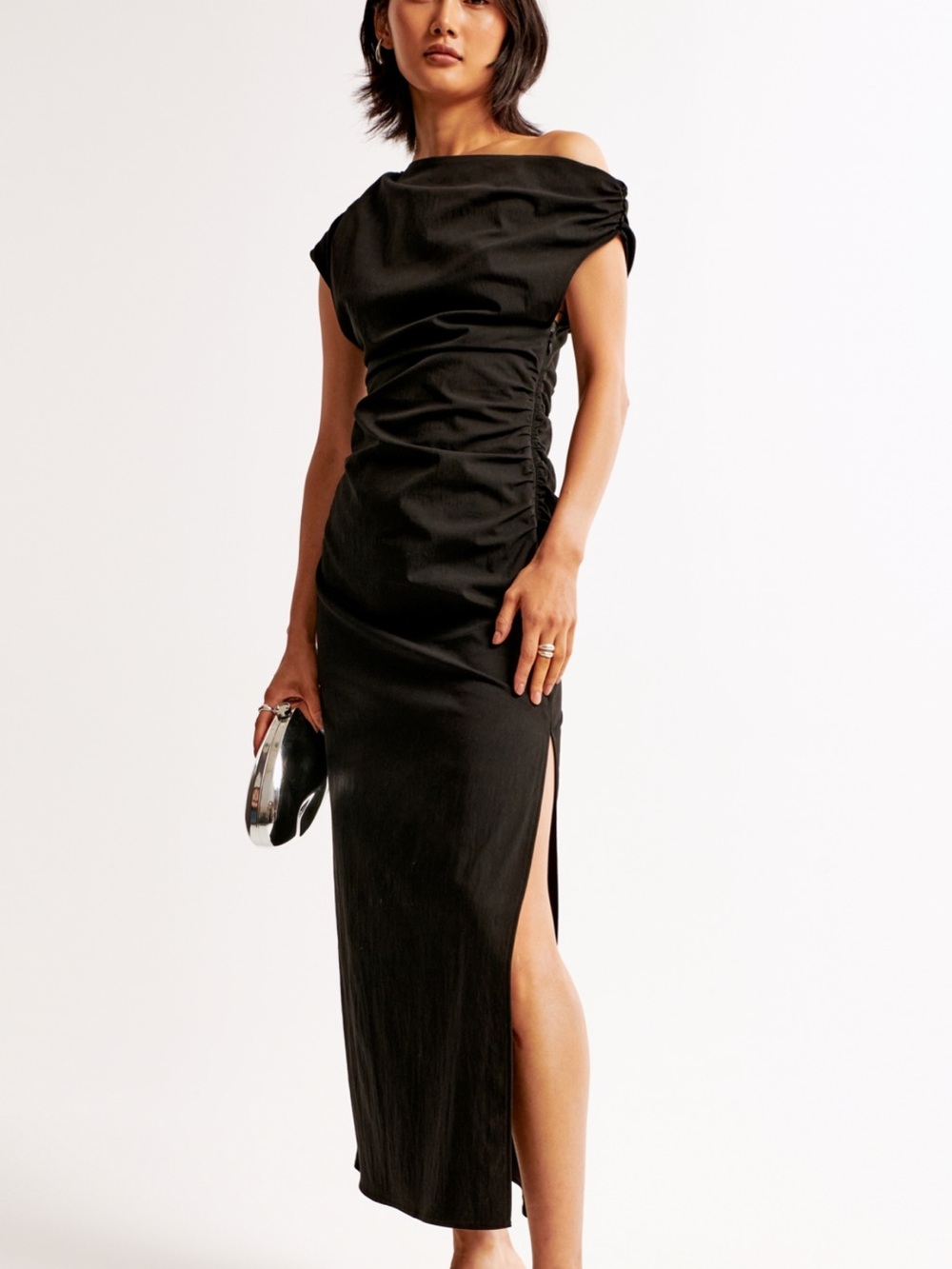 Abercrombie & Fitch Black One-Shoulder Ruched Side Maxi Dress